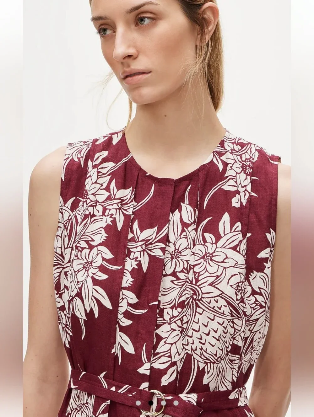 J Crew Seamed linen dress with removable belt in pineapple garden print CU792